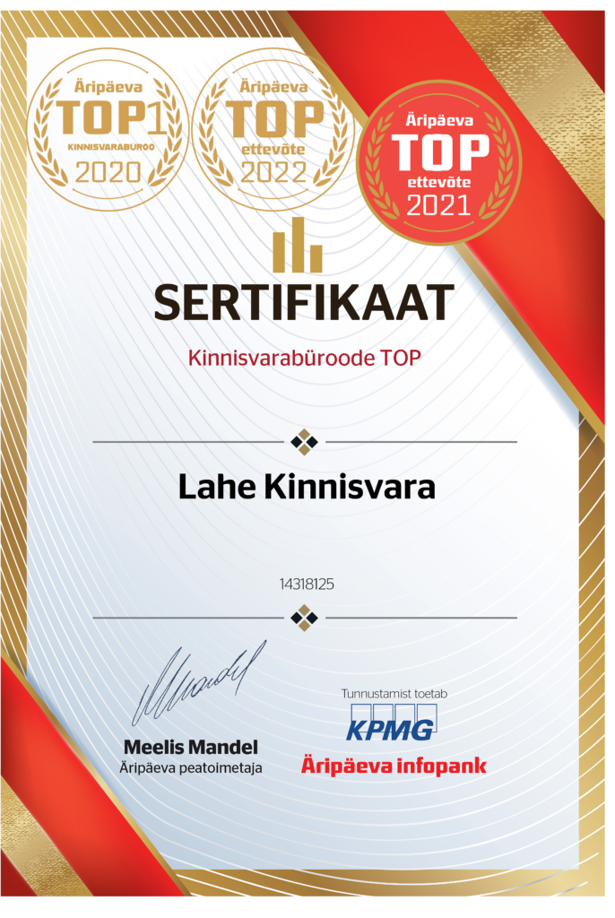 Ettevõttest Äripäeva TOP kinnisvarabüroo Lahe Kinnisvara sertifikaat